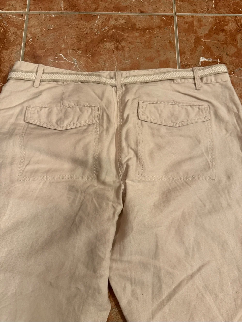 LOFT Marisa Cream Linen Cotton Blend Crop Pants Fold Up Capris Sz 10 Belt NWOT